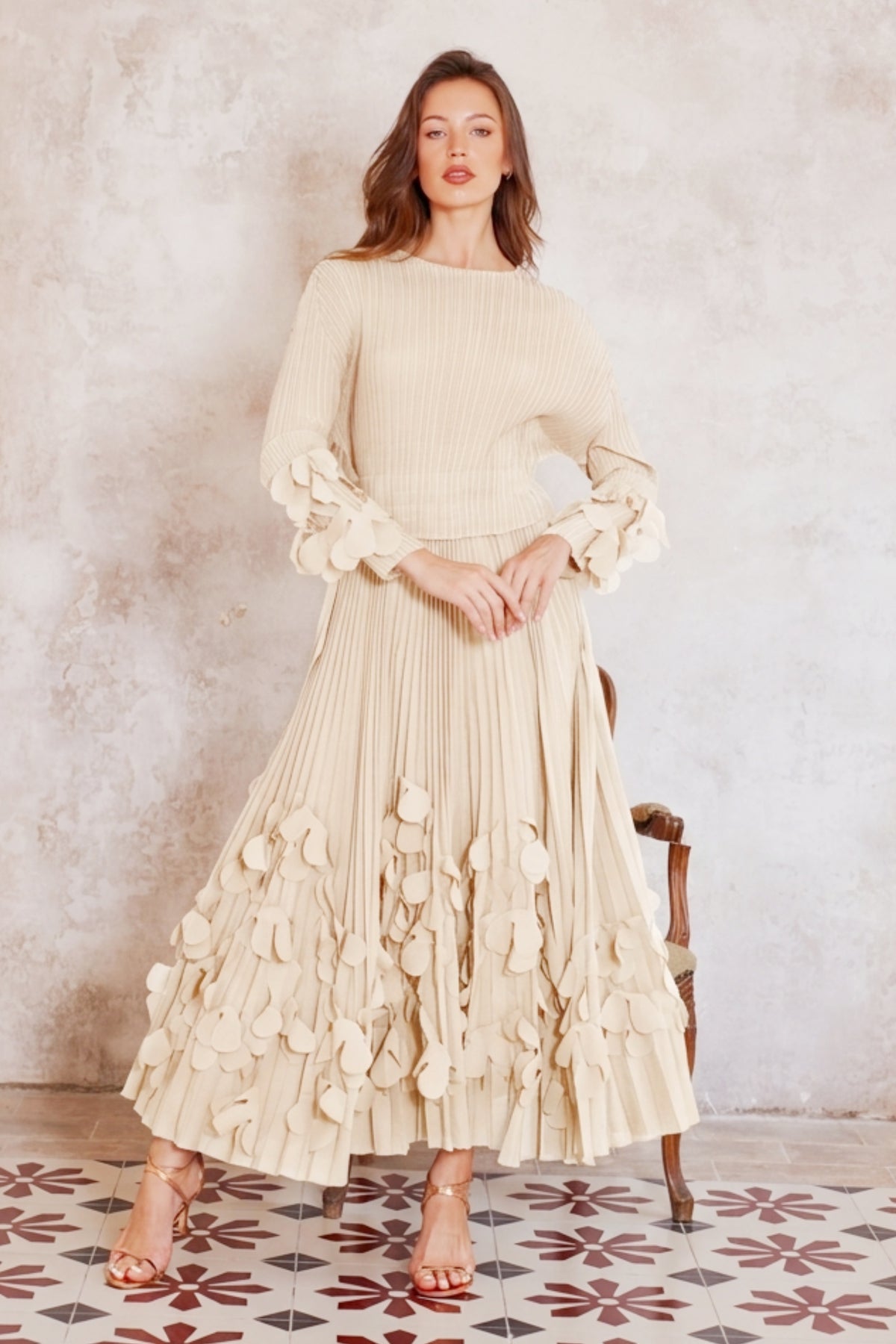 Floral Appliqué Pleated Maxi Dress with Side Tie Waist
