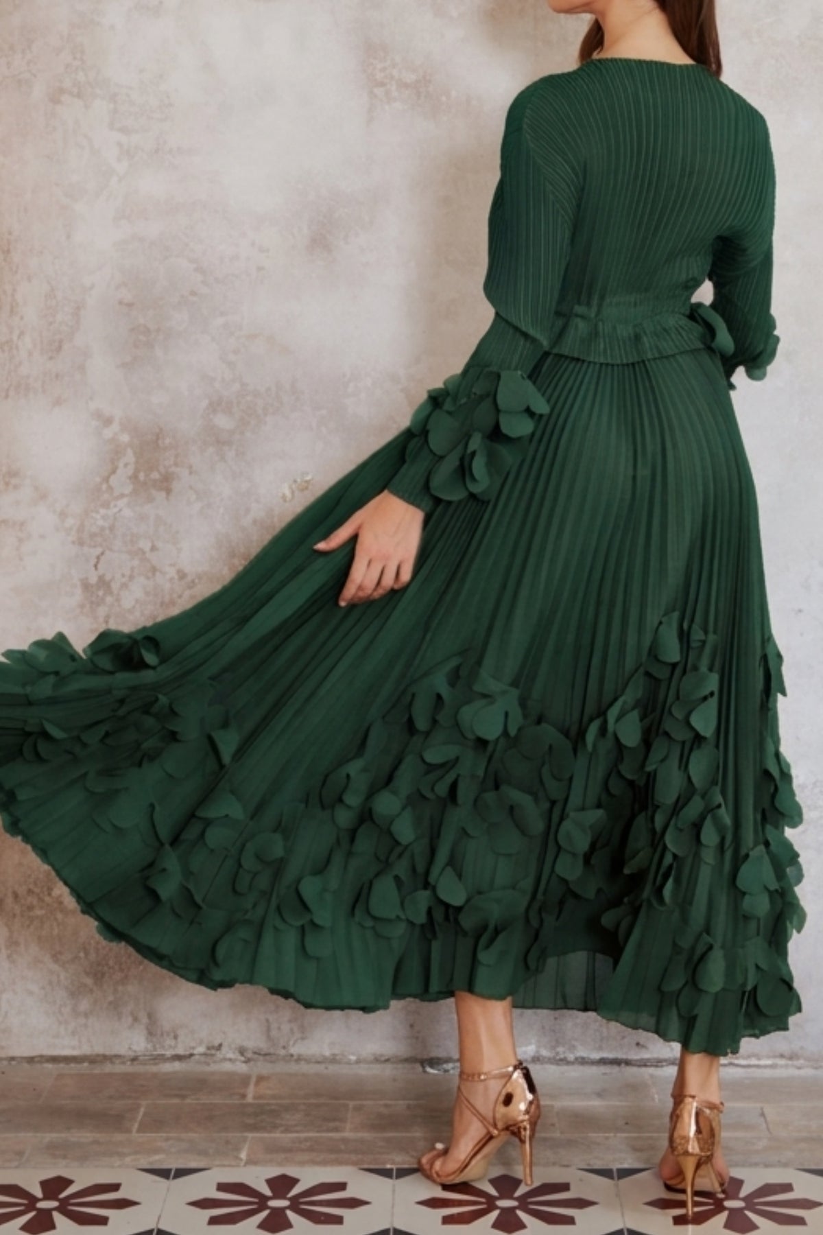 Floral Appliqué Pleated Maxi Dress with Side Tie Waist