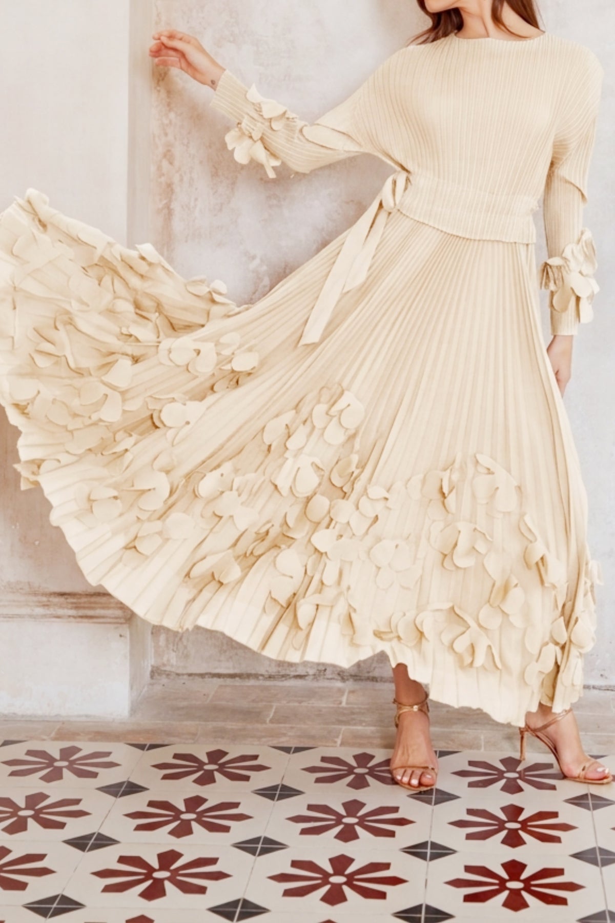 Floral Appliqué Pleated Maxi Dress with Side Tie Waist