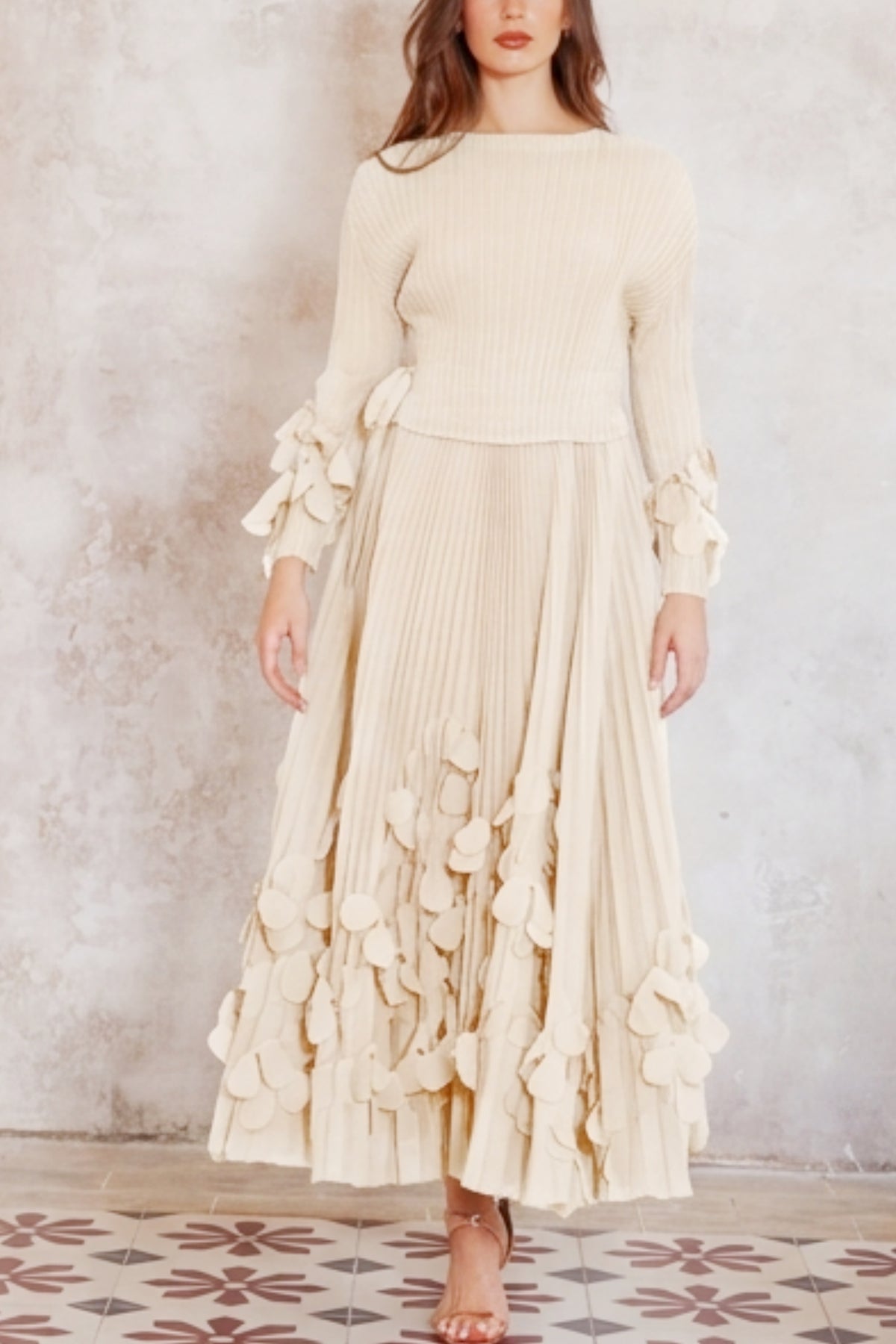 Floral Appliqué Pleated Maxi Dress with Side Tie Waist