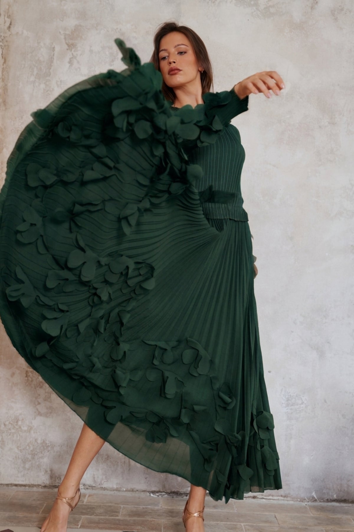Floral Appliqué Pleated Maxi Dress with Side Tie Waist