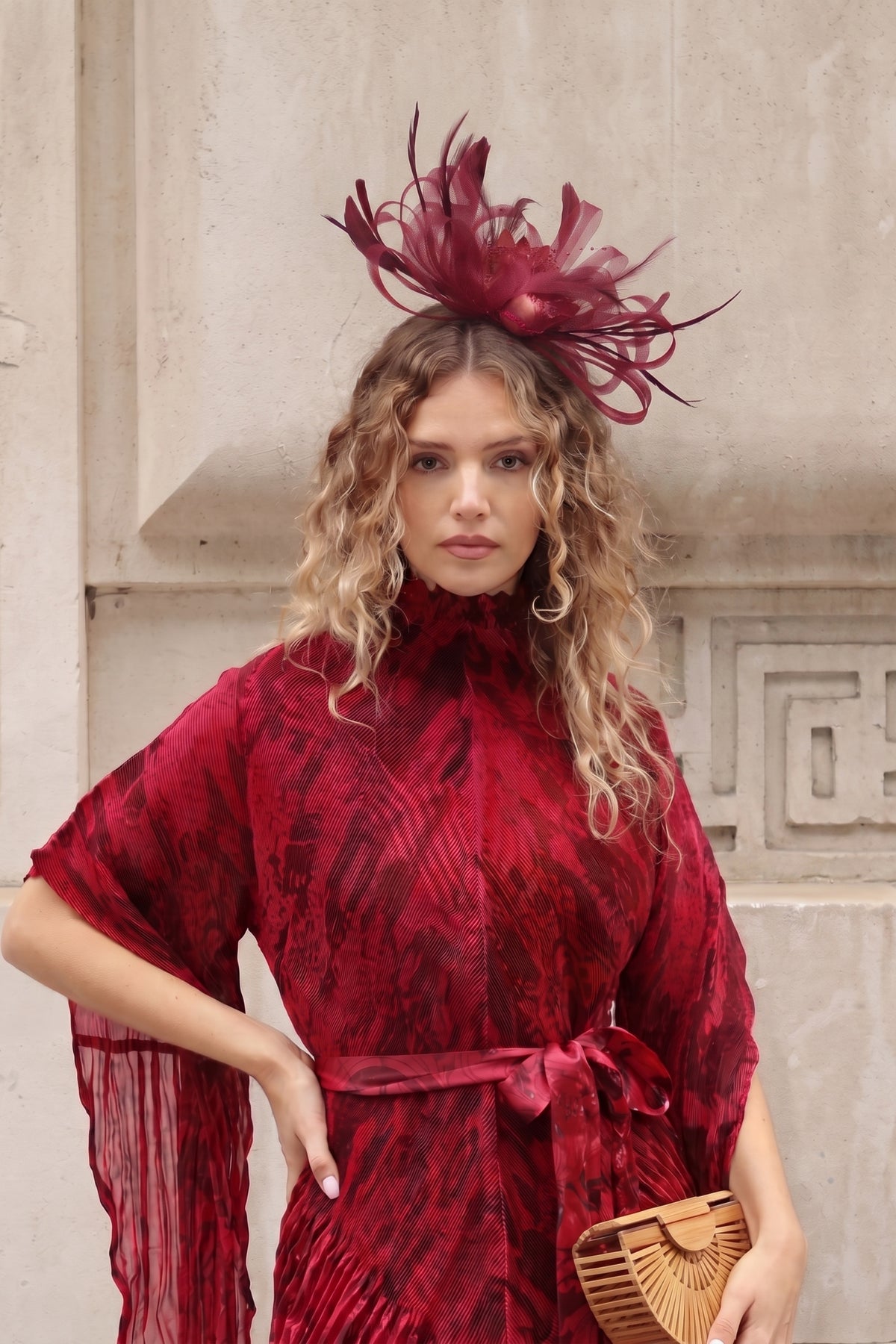 Feather &amp; Floral Fascinator Headband In Burgundy