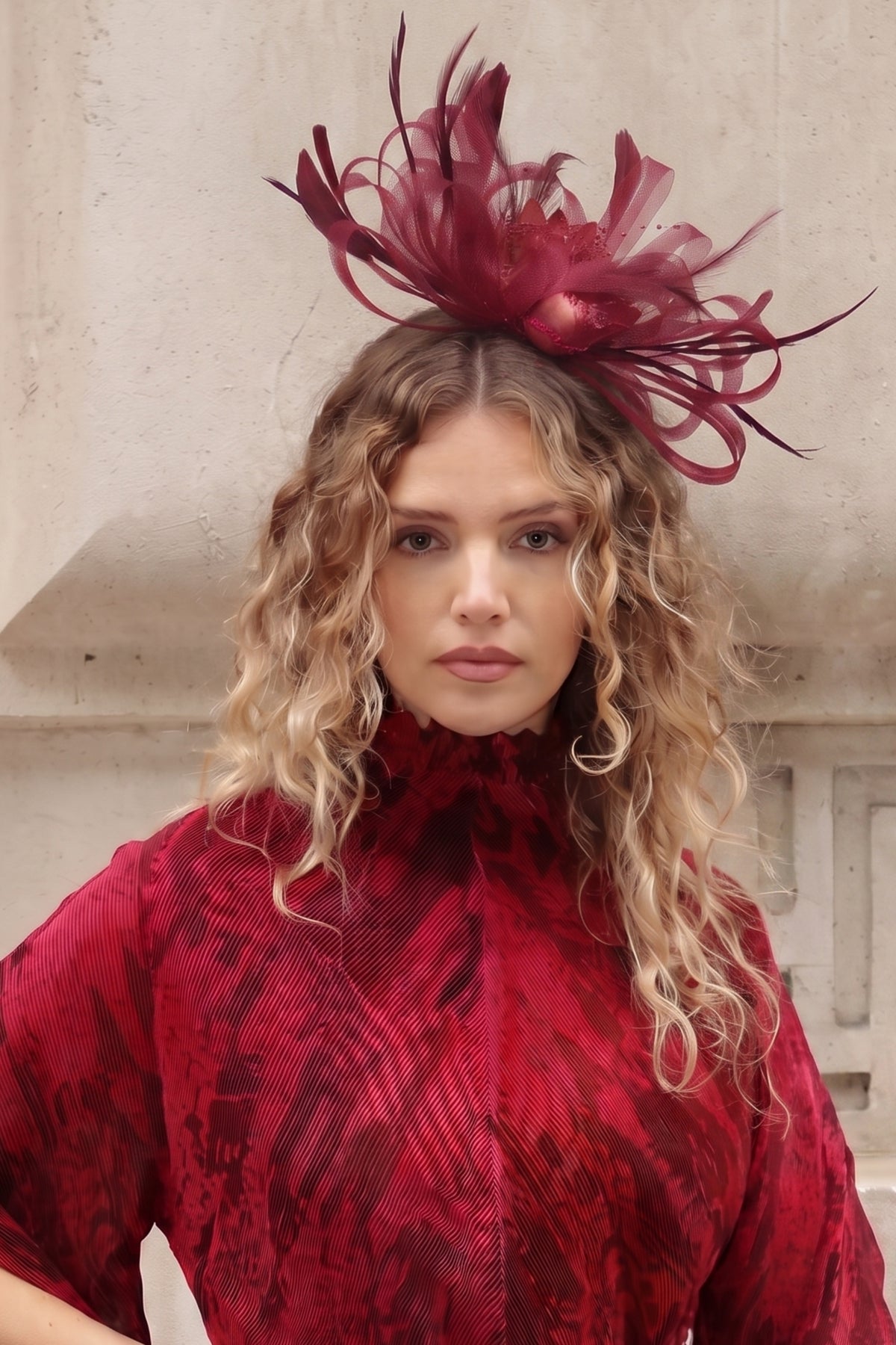 Feather &amp; Floral Fascinator Headband In Burgundy