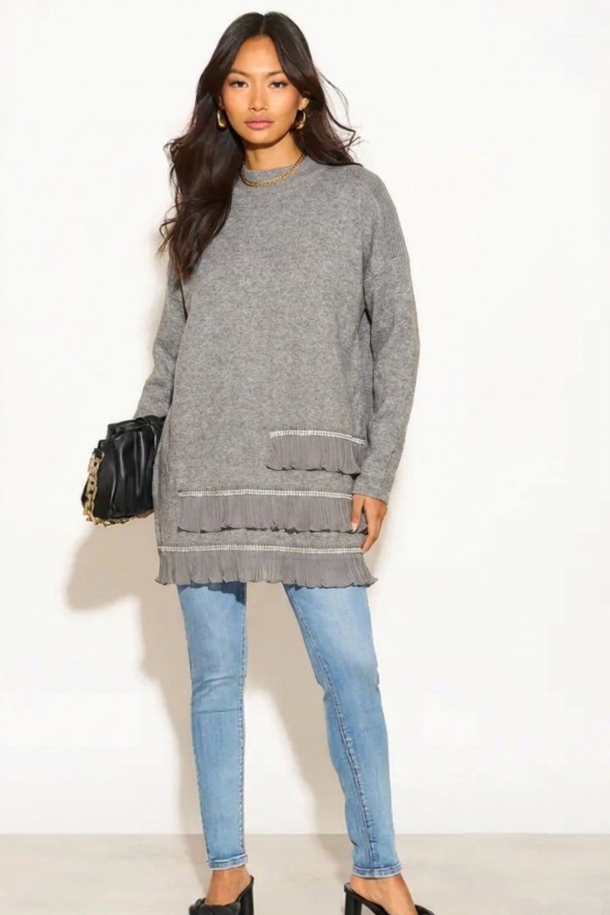 Jumper with Crystal trim &amp; Chiffon Hem in grey