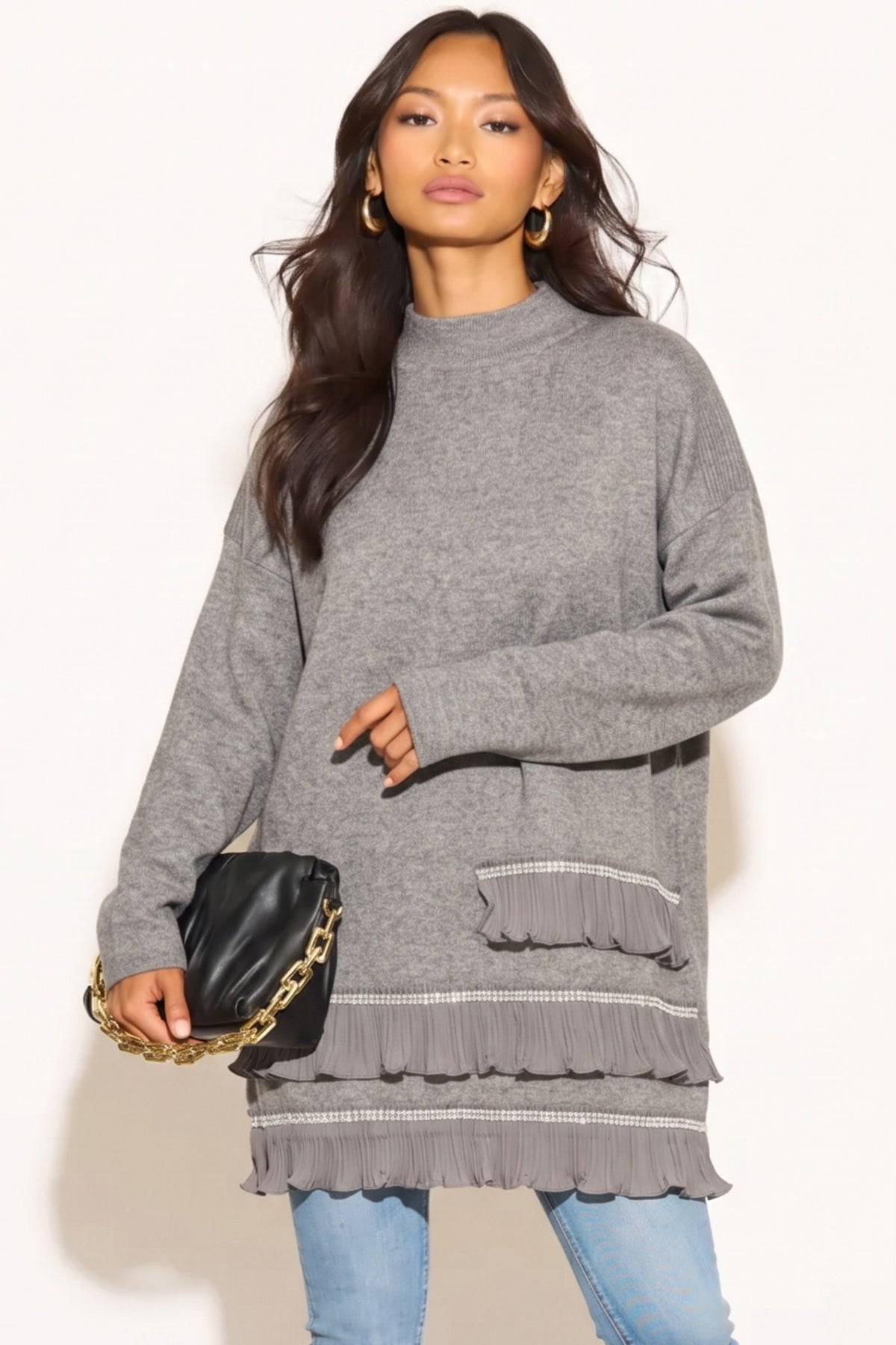 Jumper with Crystal trim &amp; Chiffon Hem in grey