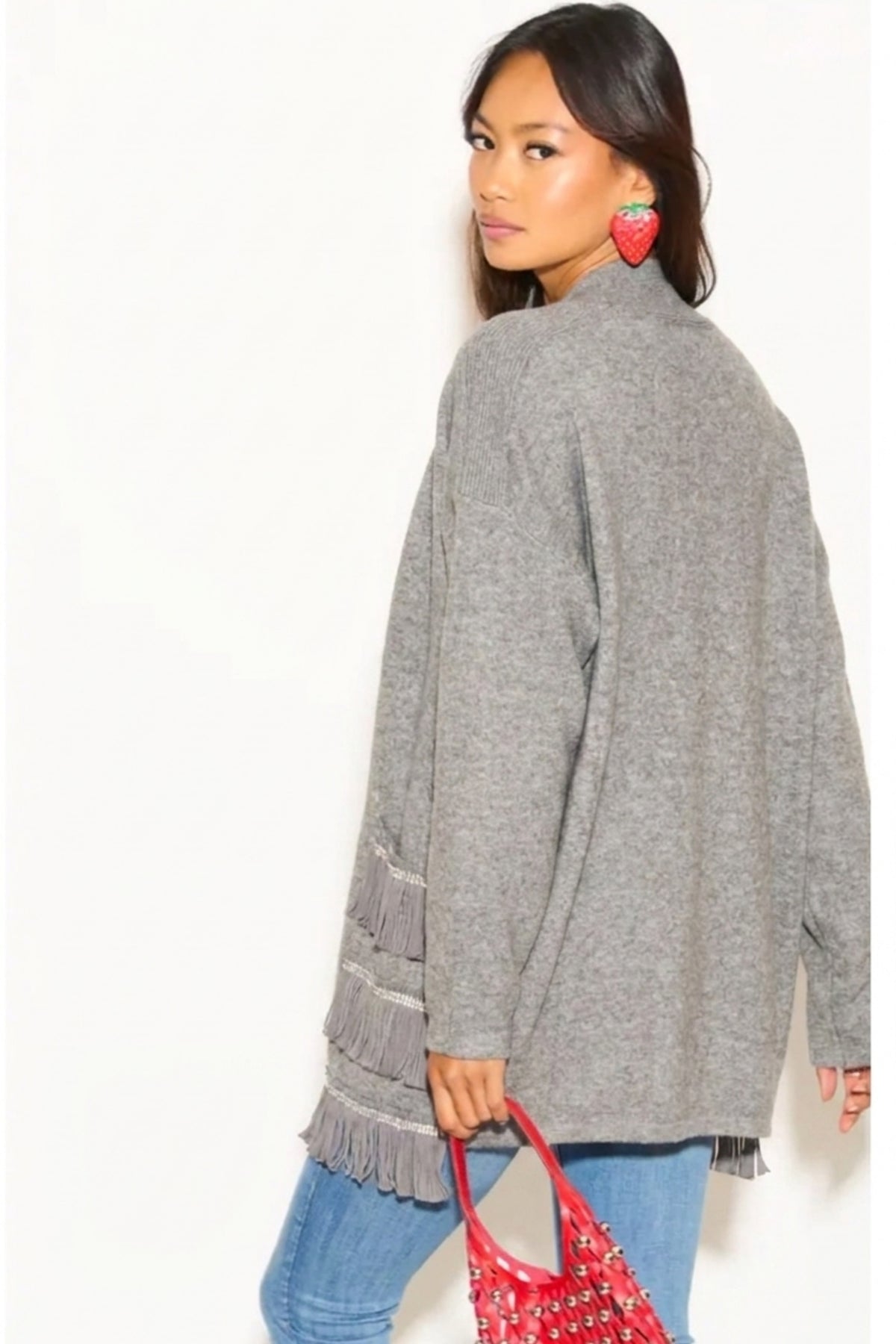 Jumper with Crystal trim &amp; Chiffon Hem in grey
