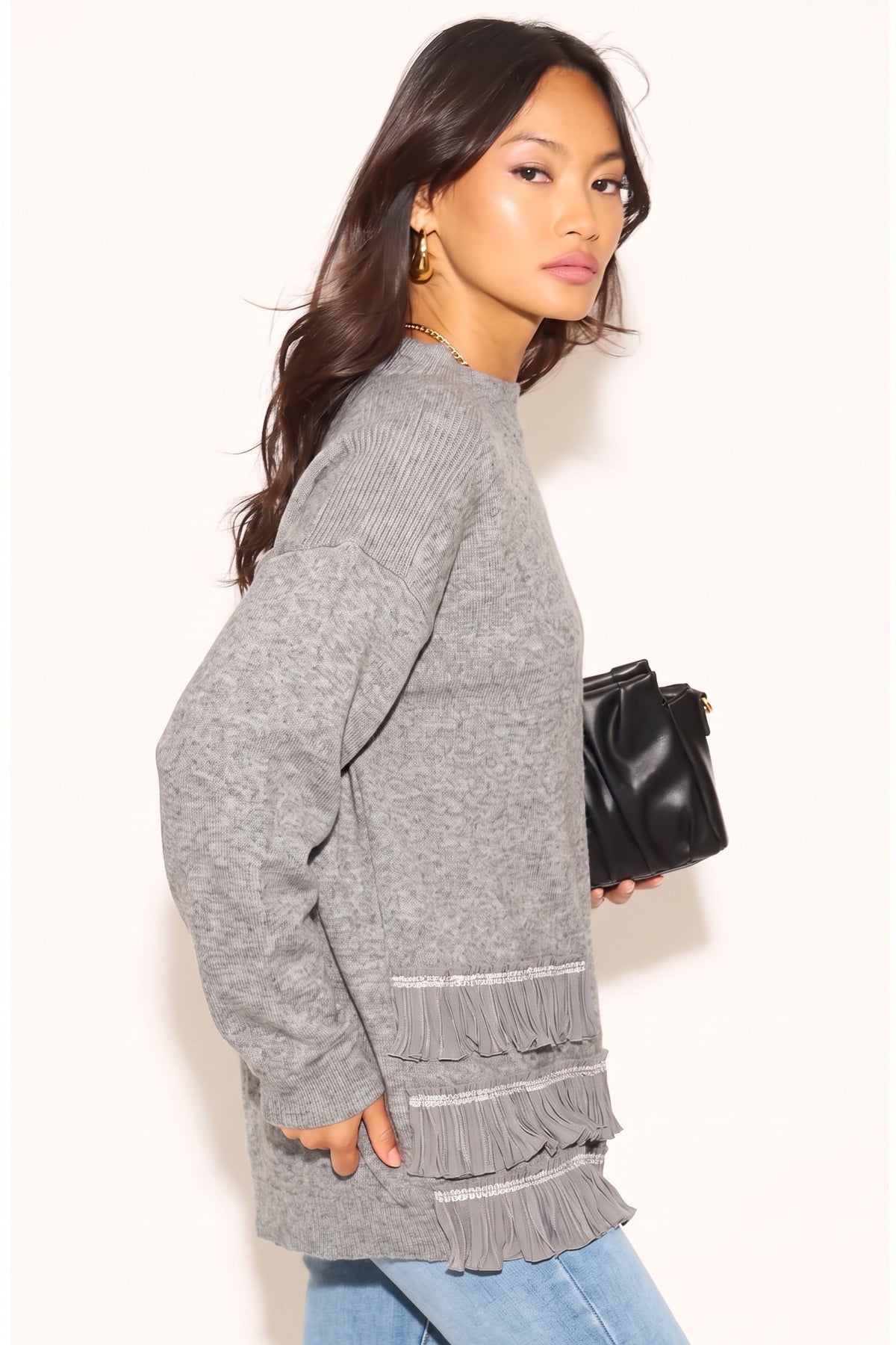 Jumper with Crystal trim &amp; Chiffon Hem in grey