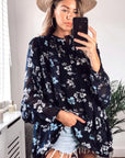 Multi floral print chiffon flowy shirt (BLACK)