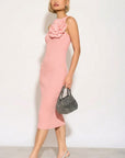 Knitted stretch cotton Bodycon midi dress with Camellias Brooches in pink