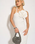 Knitted stretch cotton Bodycon midi dress with Camellias Brooches in white