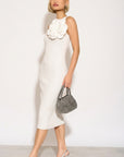 Knitted stretch cotton Bodycon midi dress with Camellias Brooches in white