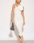 Knitted stretch cotton Bodycon midi dress with Camellias Brooches in white