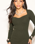 Soft Knitted Ribbed Midi Bodycon Dress Long Sleeve In Green