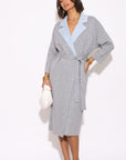 Contrast Lapel Belted Knitted Longline Cardigan in Grey