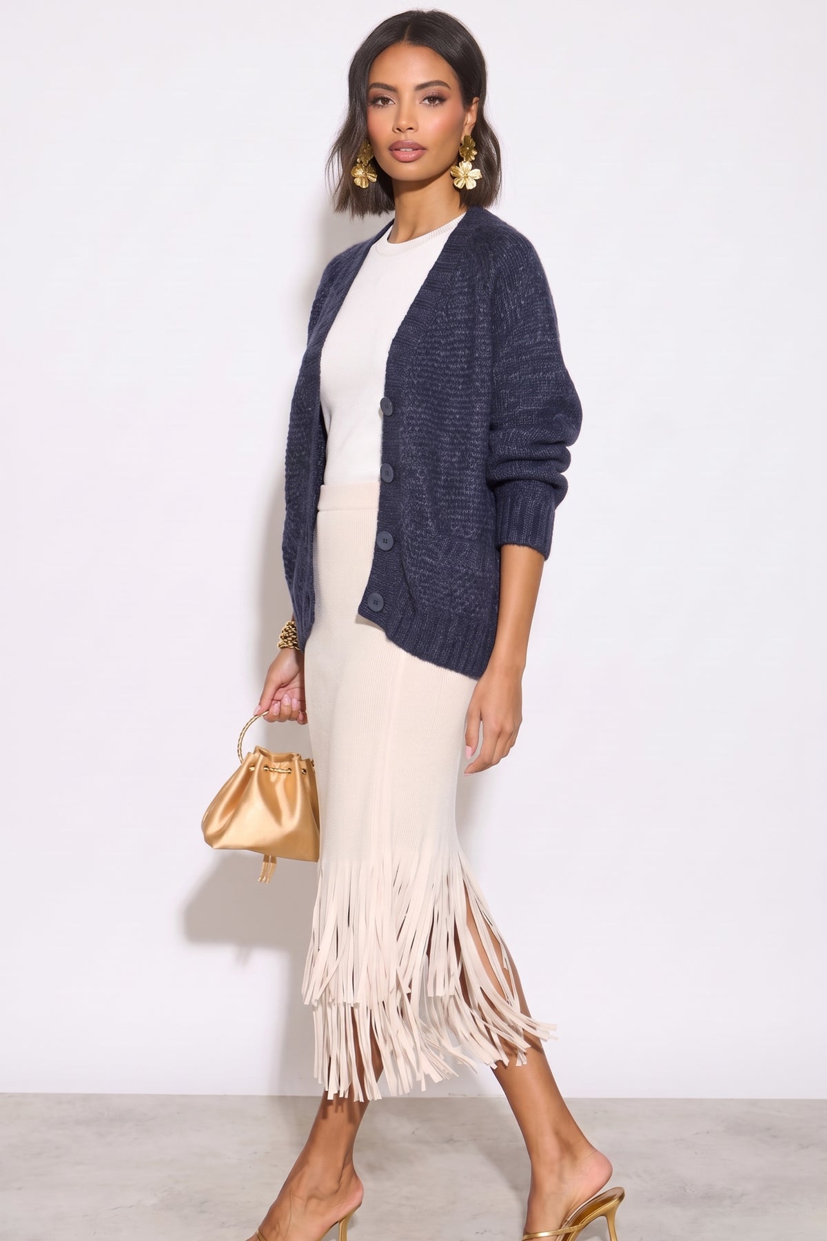 Navy color Cable Knitted Front Pockets Cardigan