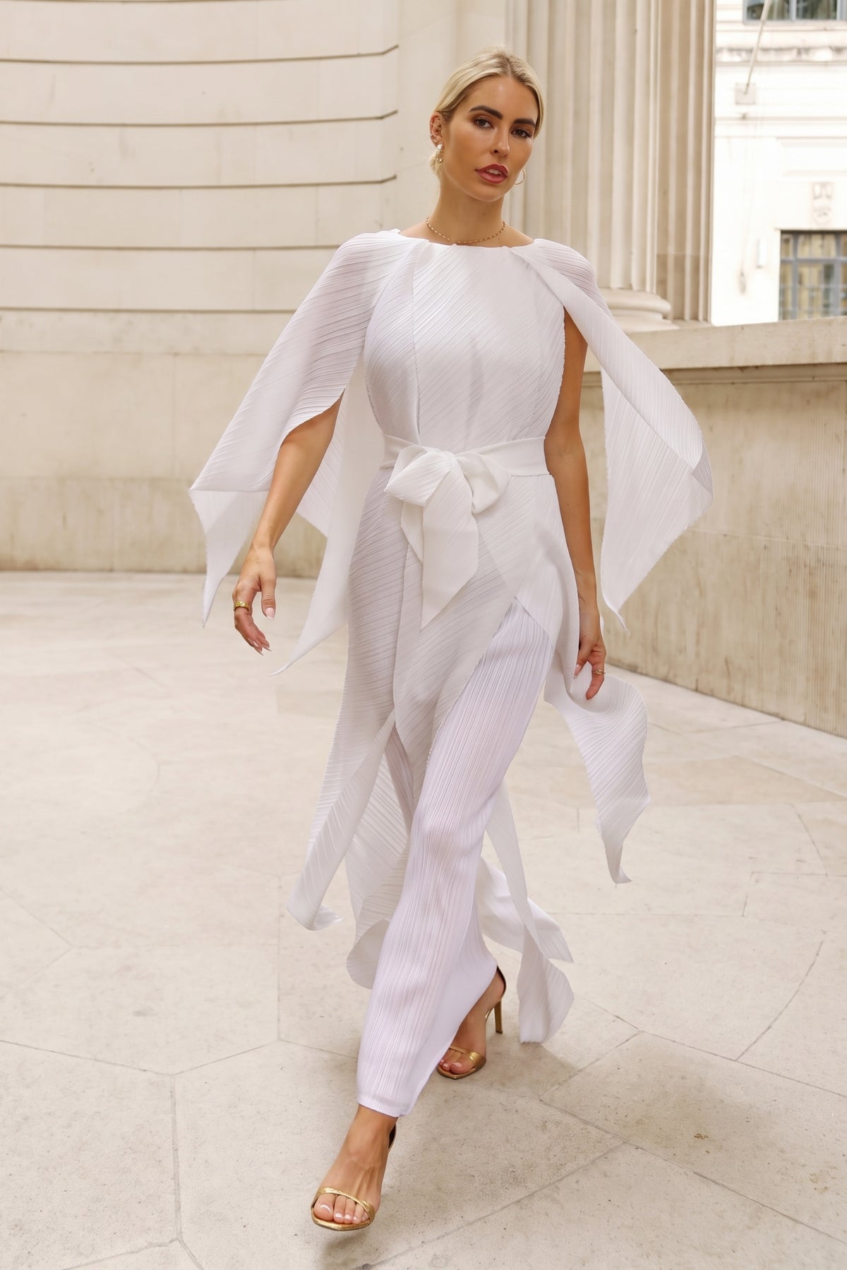 Elegant Pleated Cape Sleeve Maxi Dress with Tie Waist in White