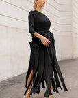 Statement Pleated Fringe Maxi Dress with Tie Waist in Black