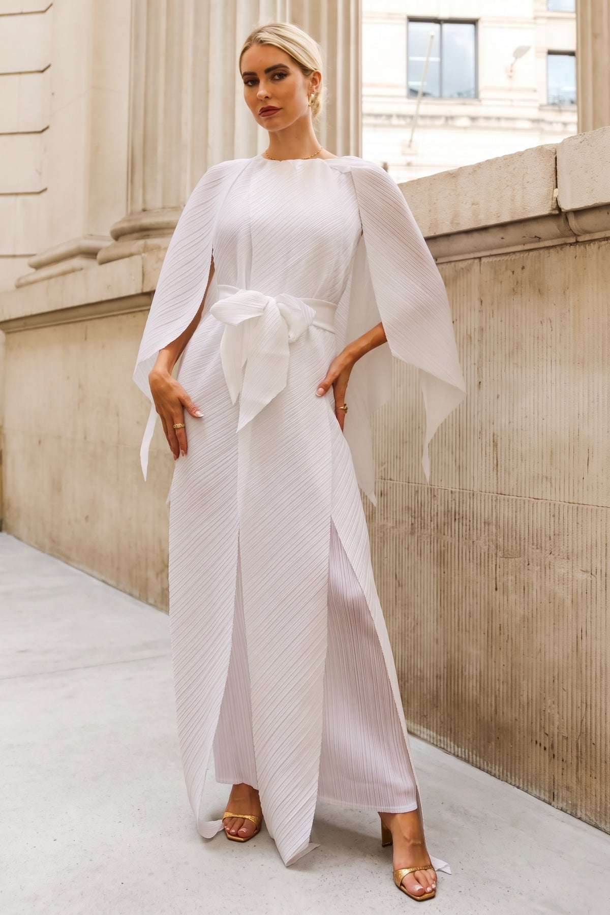 Elegant Pleated Cape Sleeve Maxi Dress with Tie Waist in White