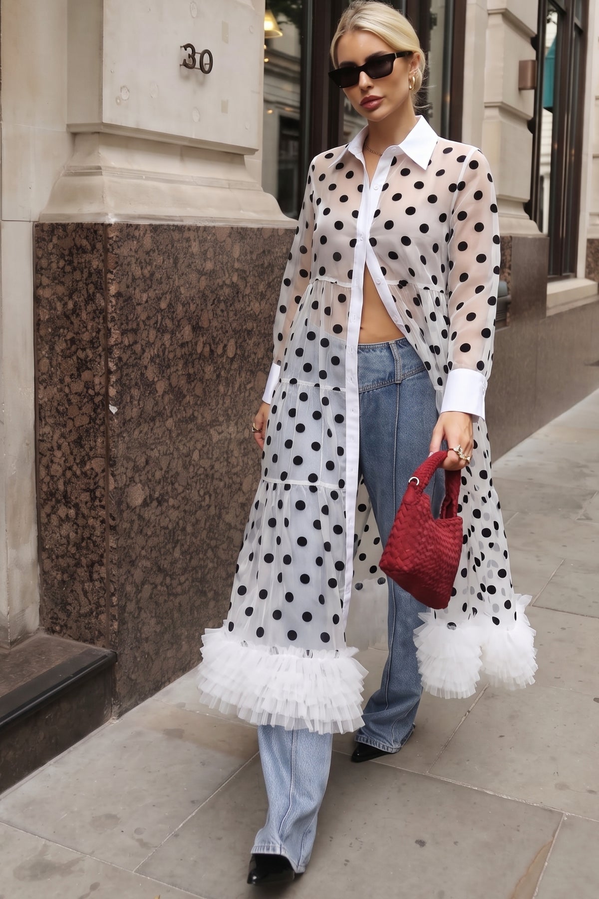 Polka Dot Sheer Tiered Button Down Maxi Shirt Dress