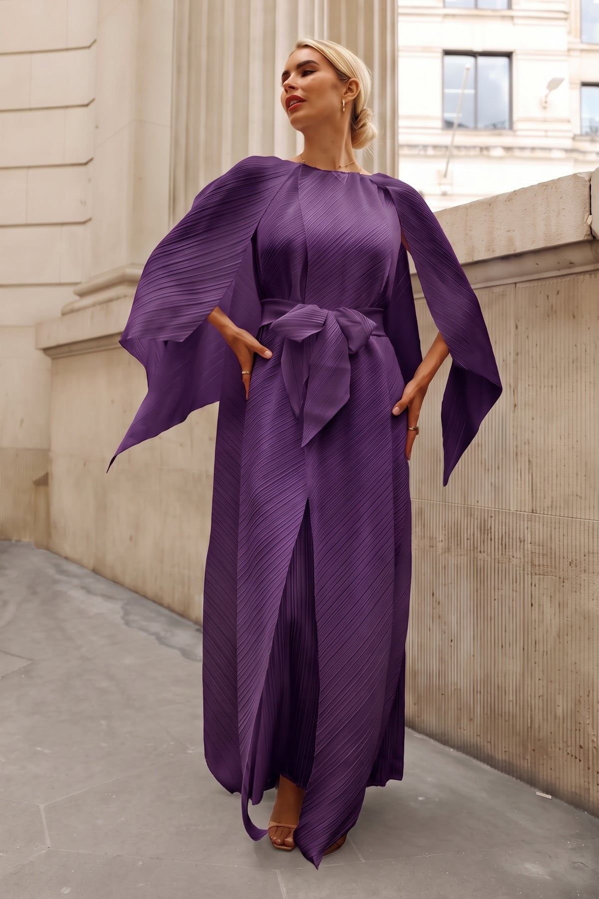 Elegant Pleated Cape Sleeve Maxi Dress with Tie Waist in Purple