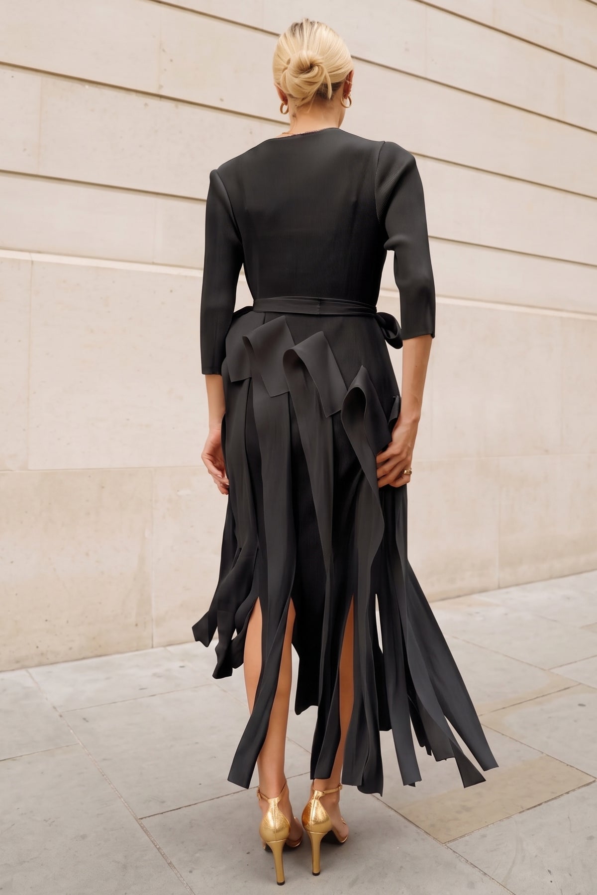 Statement Pleated Fringe Maxi Dress with Tie Waist in Black