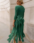 Statement Pleated Fringe Maxi Dress with Tie Waist in Green