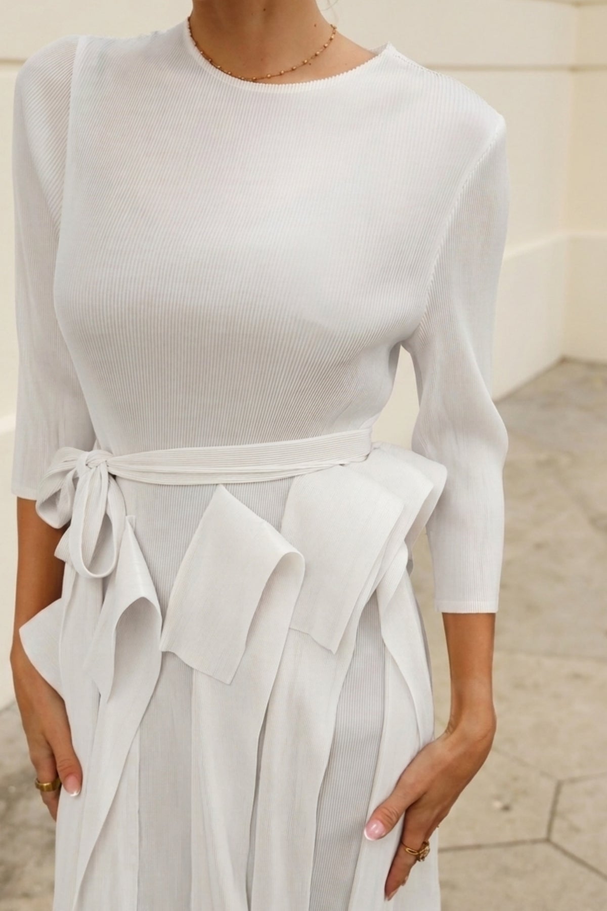 Statement Pleated Fringe Maxi Dress with Tie Waist in White