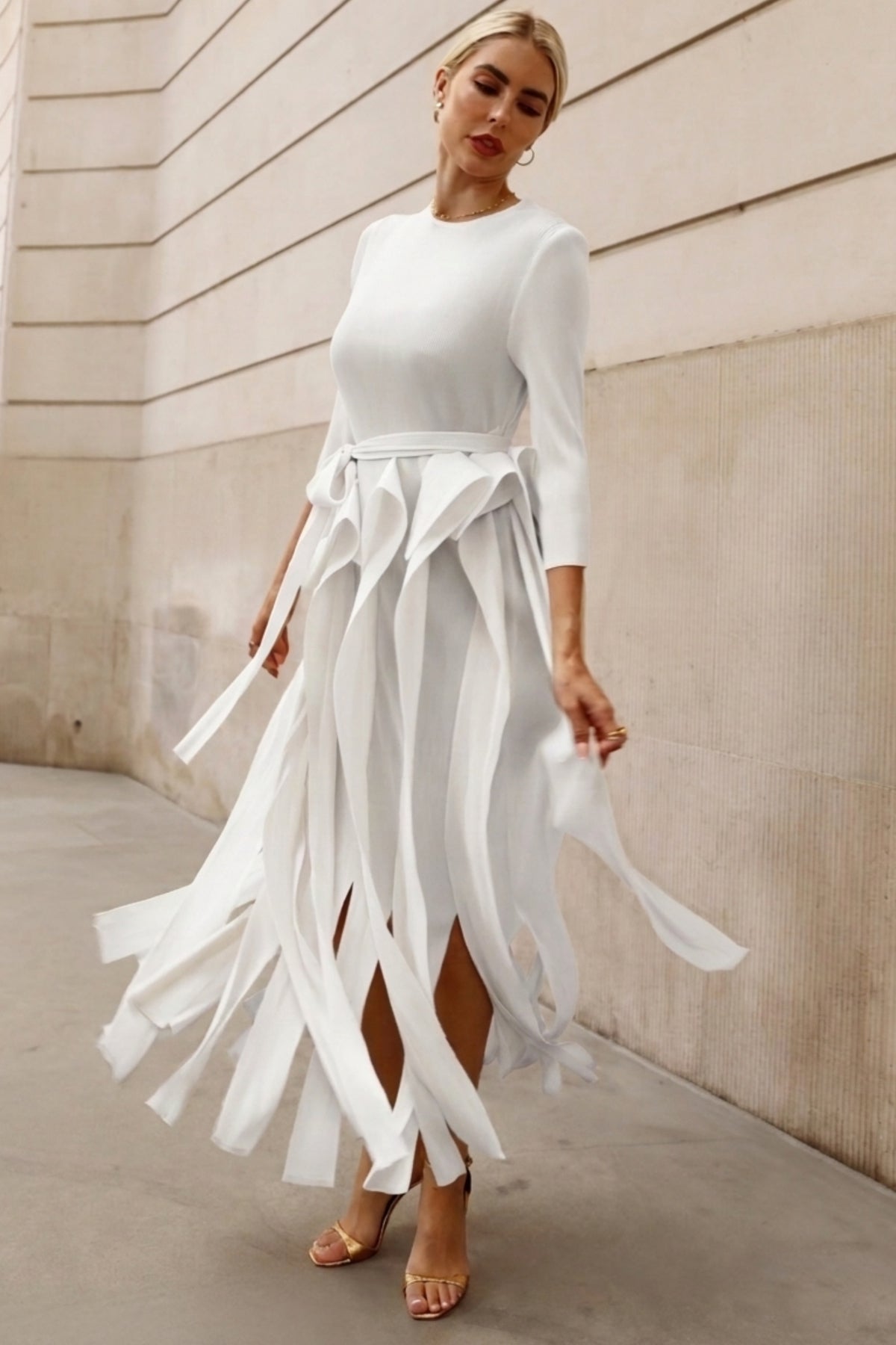 Statement Pleated Fringe Maxi Dress with Tie Waist in White