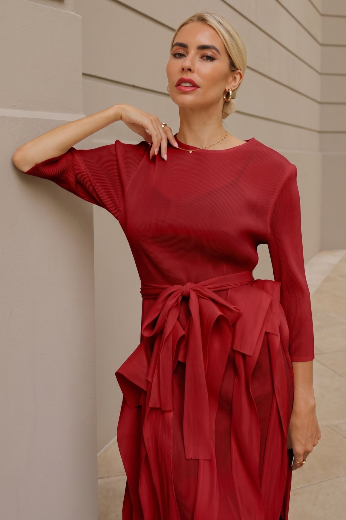 Statement Pleated Fringe Maxi Dress with Tie Waist in Burgundy