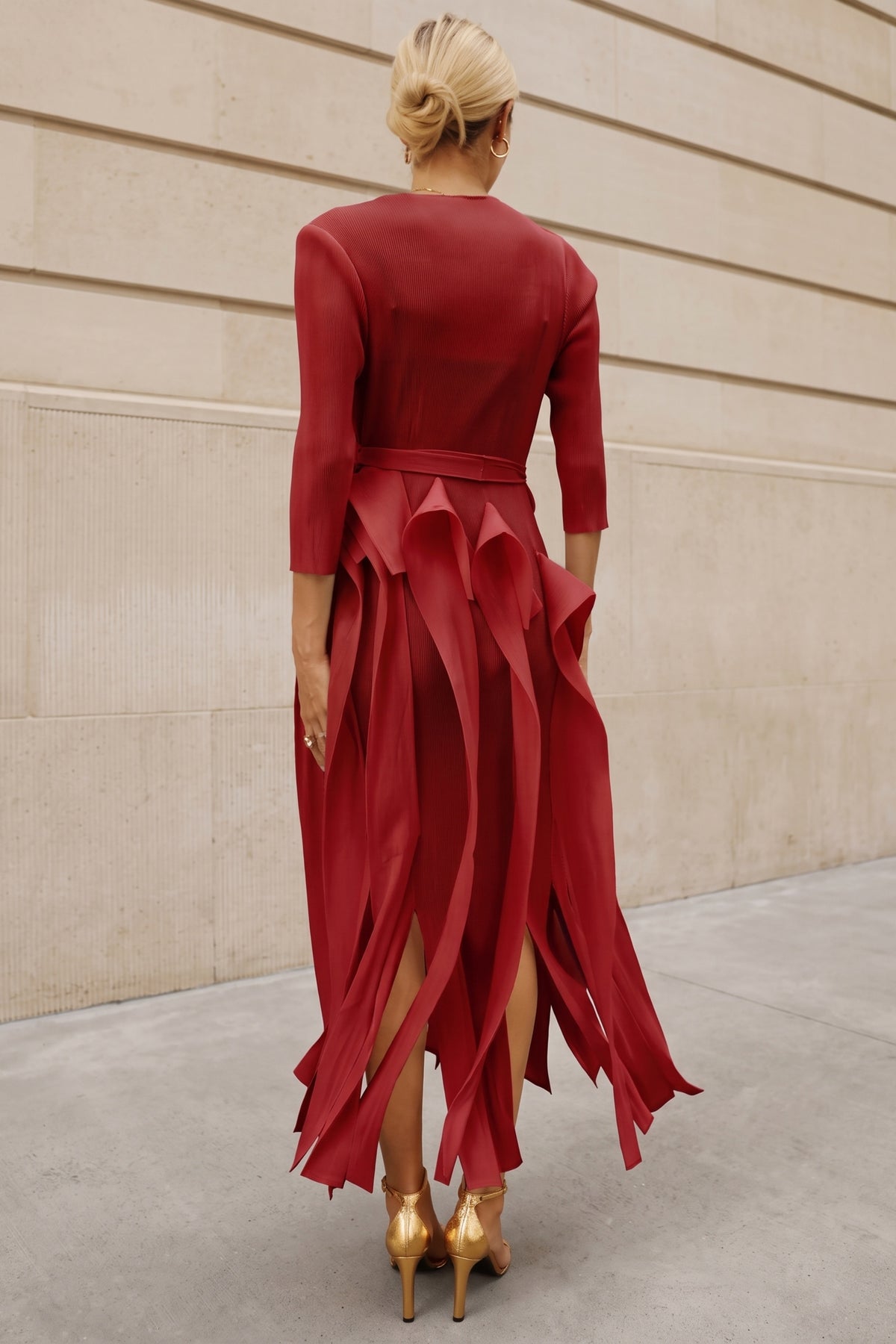Statement Pleated Fringe Maxi Dress with Tie Waist in Burgundy
