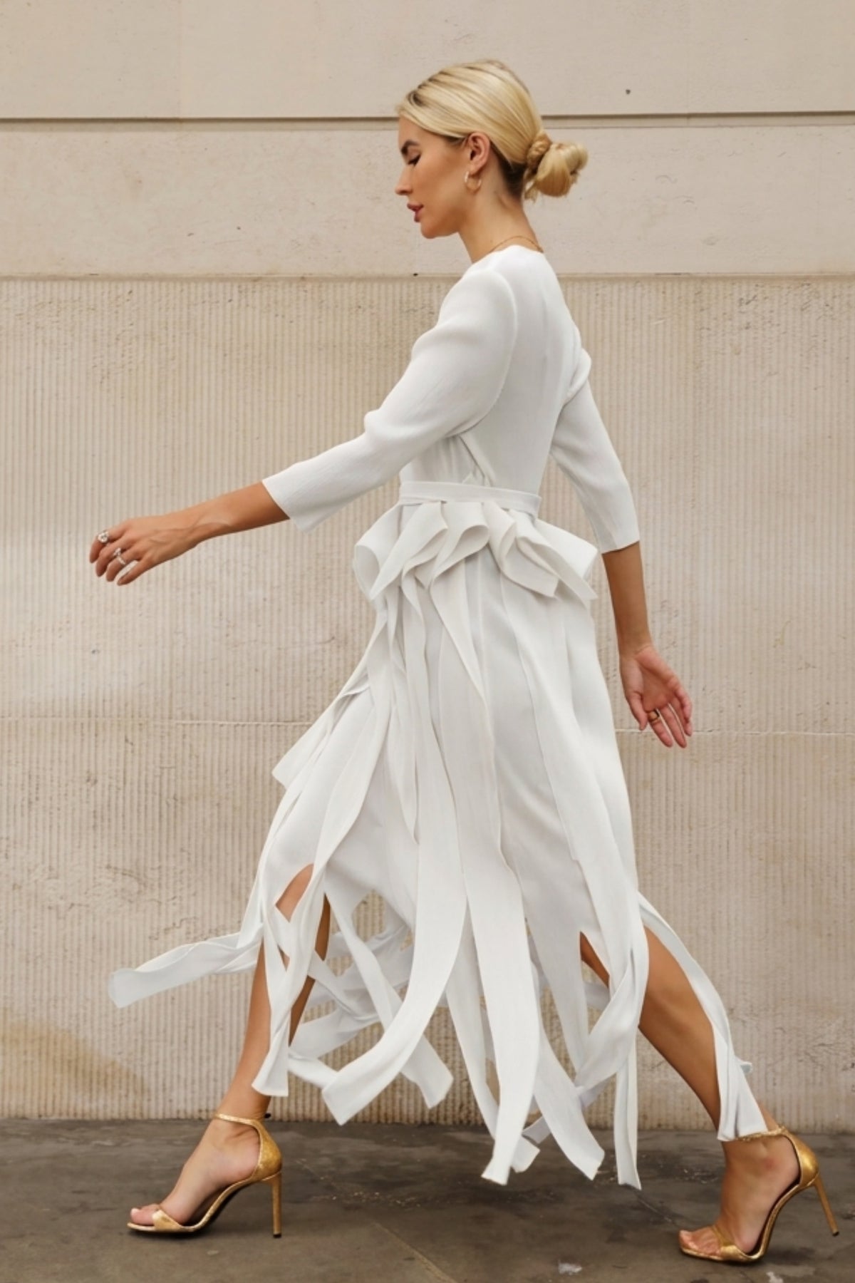Statement Pleated Fringe Maxi Dress with Tie Waist in White