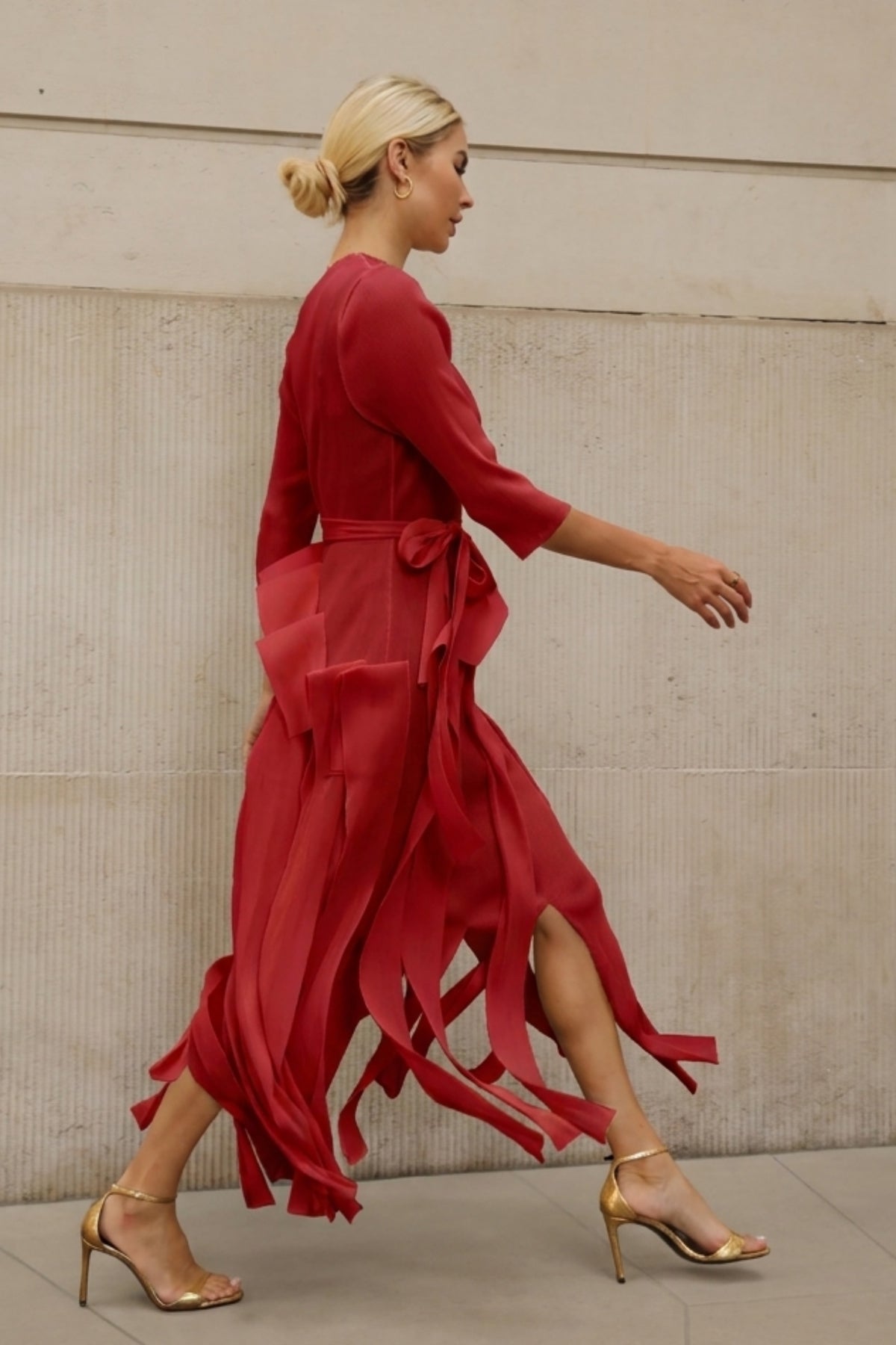 Statement Pleated Fringe Maxi Dress with Tie Waist in Burgundy