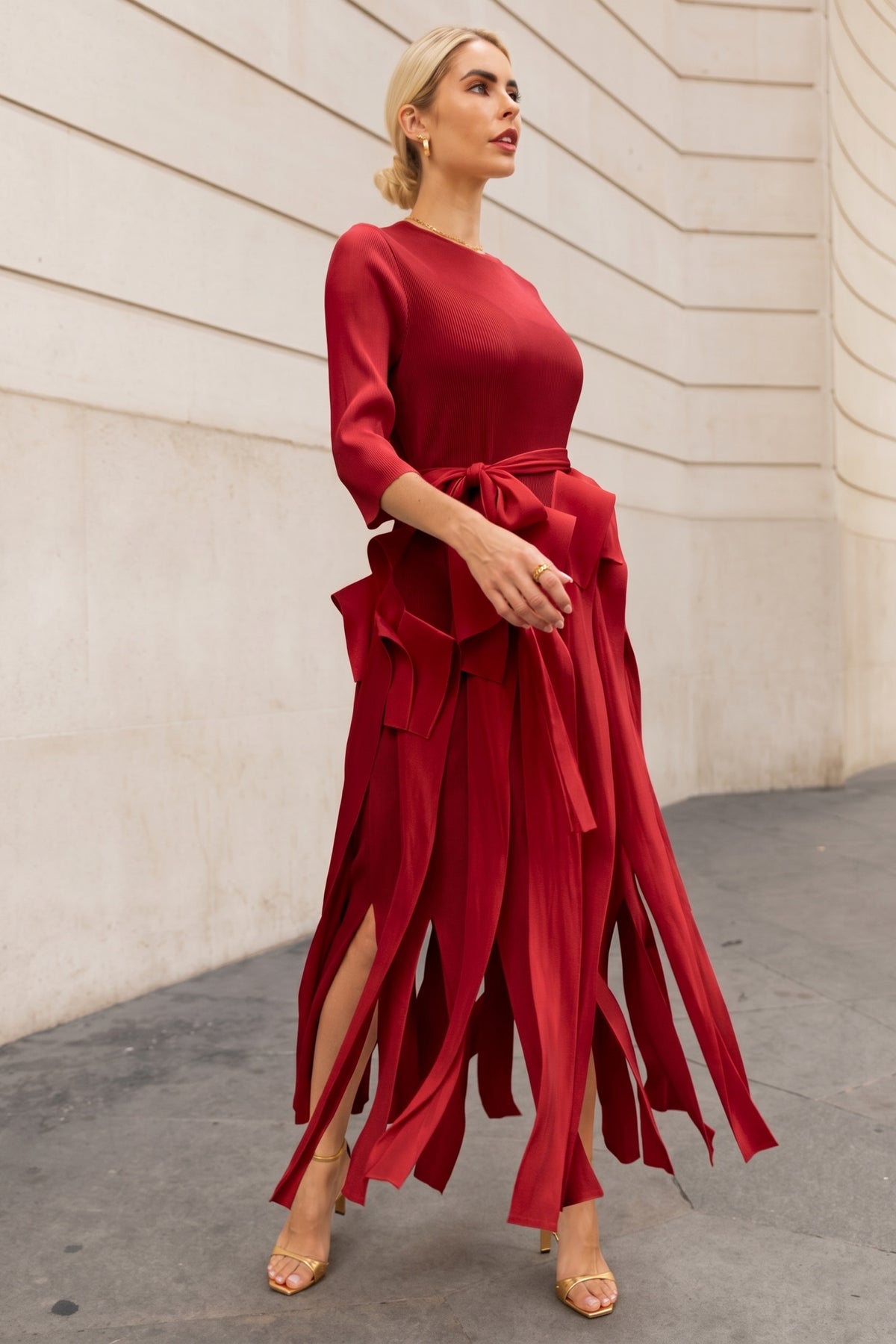 Statement Pleated Fringe Maxi Dress with Tie Waist in Burgundy