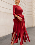 Statement Pleated Fringe Maxi Dress with Tie Waist in Burgundy