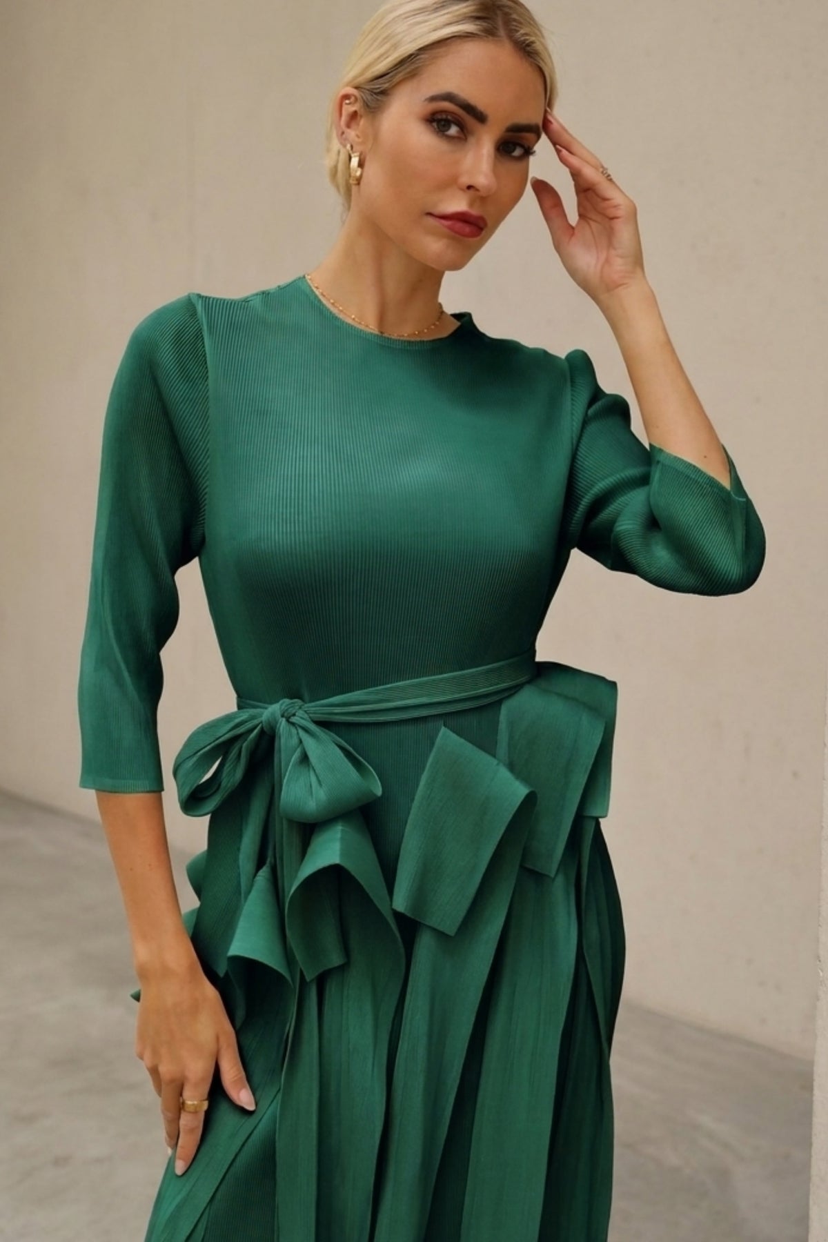 Statement Pleated Fringe Maxi Dress with Tie Waist in Green