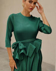 Statement Pleated Fringe Maxi Dress with Tie Waist in Green