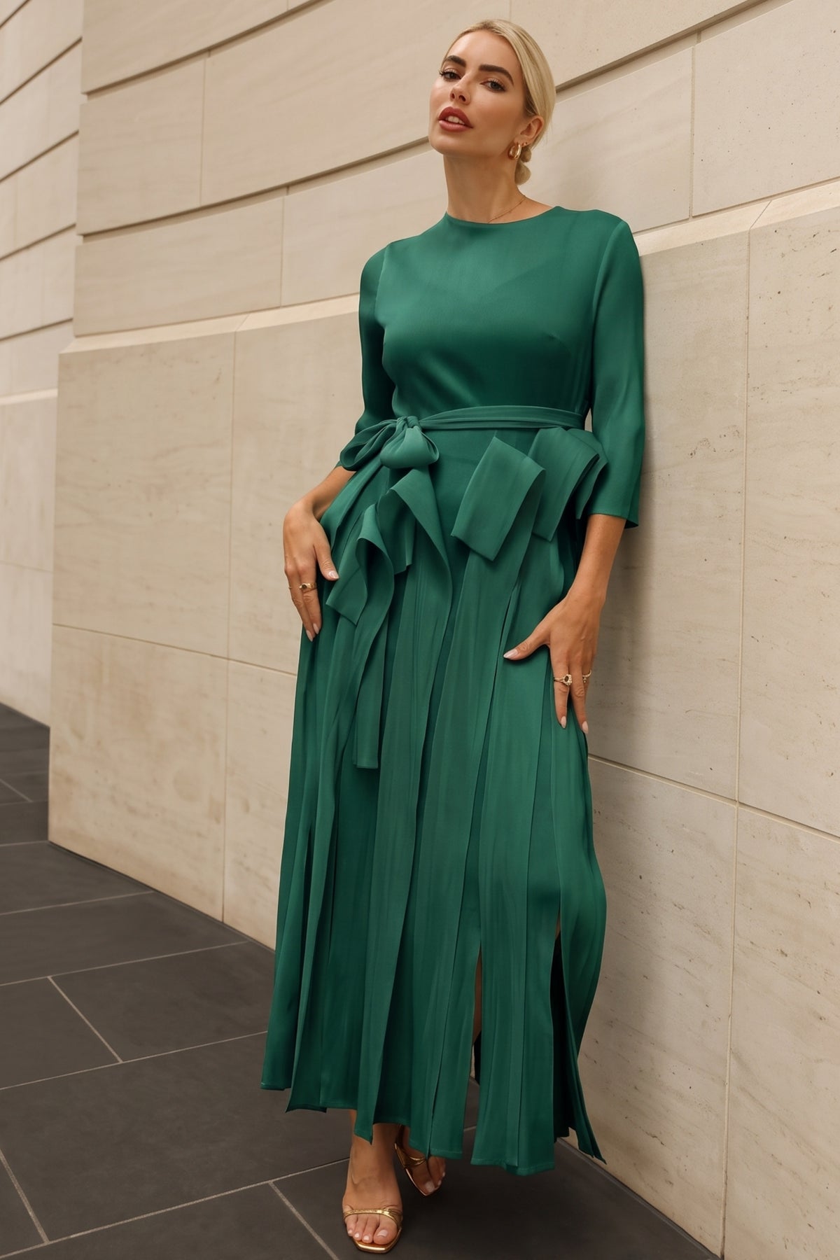 Statement Pleated Fringe Maxi Dress with Tie Waist in Green