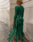Statement Pleated Fringe Maxi Dress with Tie Waist in Green