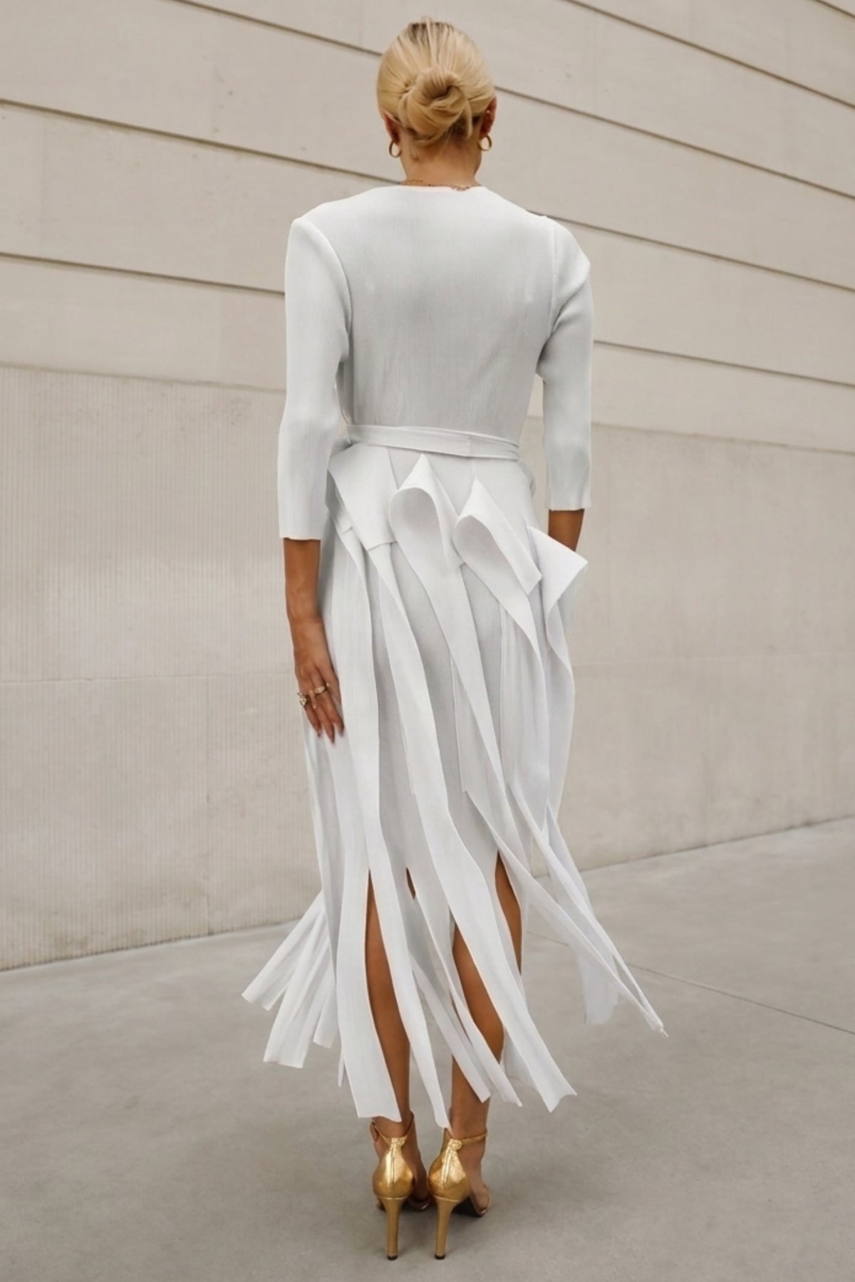 Statement Pleated Fringe Maxi Dress with Tie Waist in White