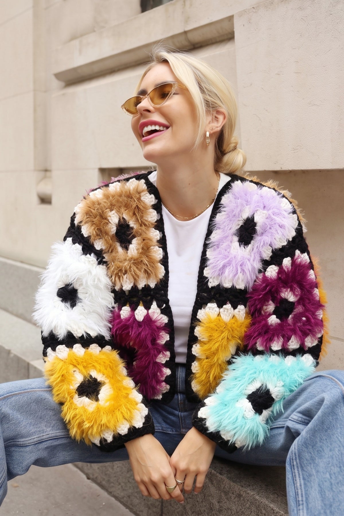 Hand Knit Fluffy Multicolour Granny Square Cardigan