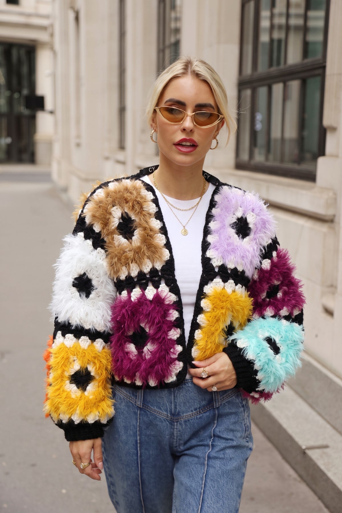Hand Knit Fluffy Multicolour Granny Square Cardigan