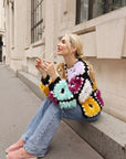 Hand Knit Fluffy Multicolour Granny Square Cardigan