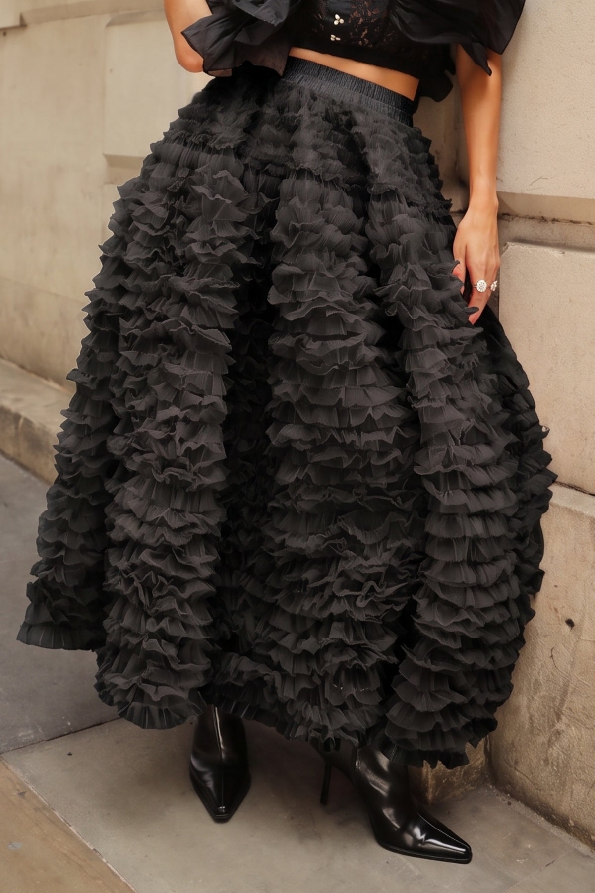 Statement Layered Ruffle Tulle Maxi Skirt