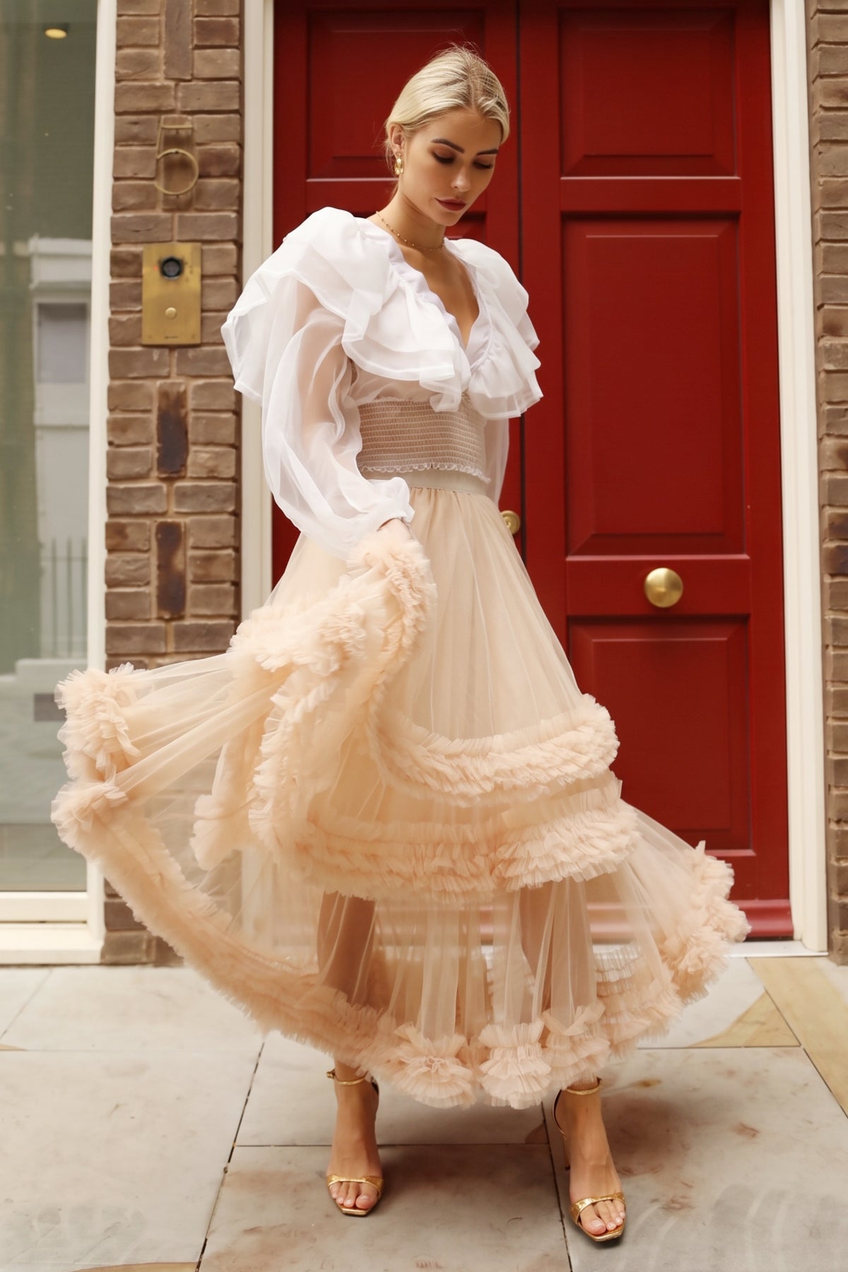 Statement Ruffle Tulle Tiered Maxi Skirt in Beige