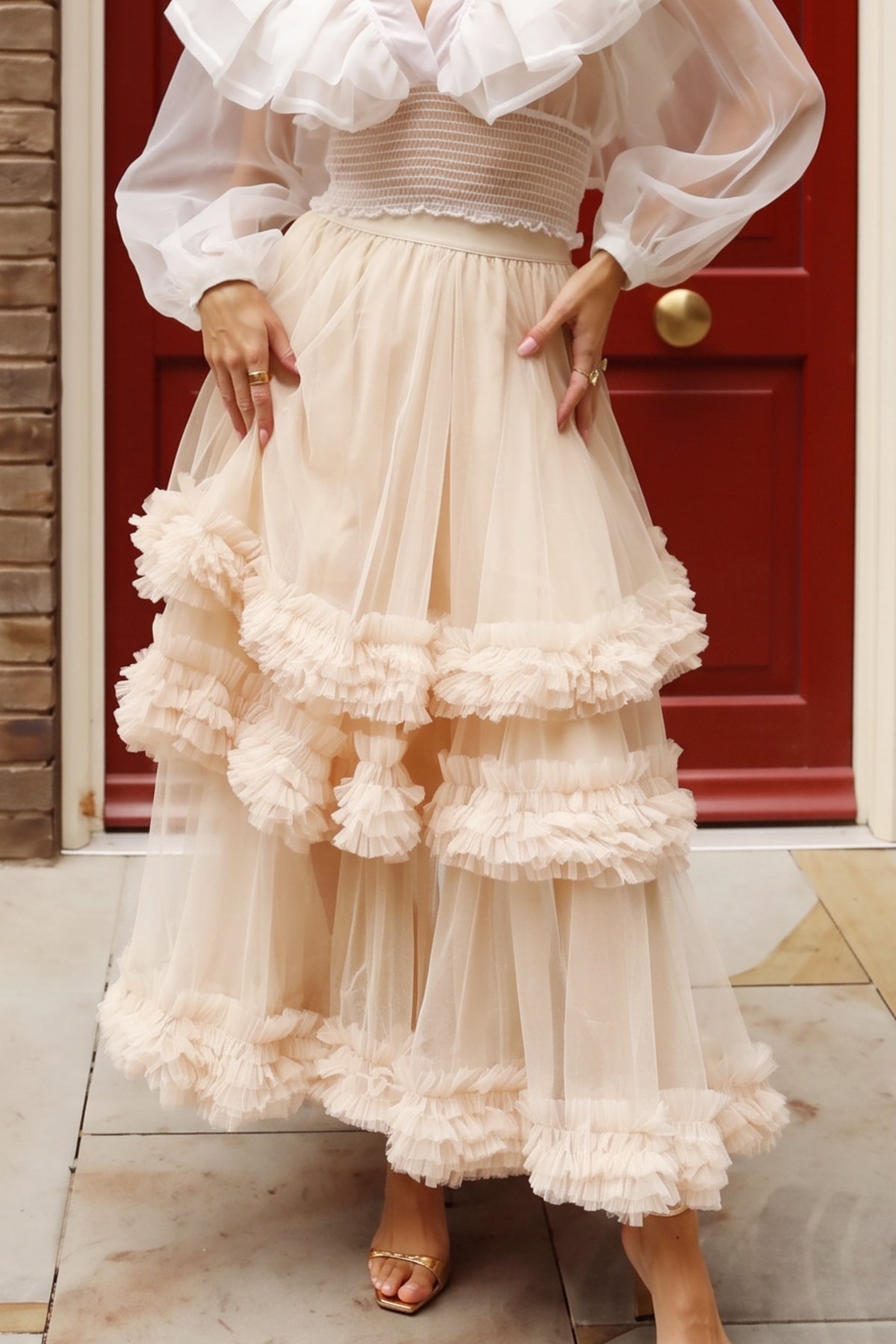 Statement Ruffle Tulle Tiered Maxi Skirt in Beige
