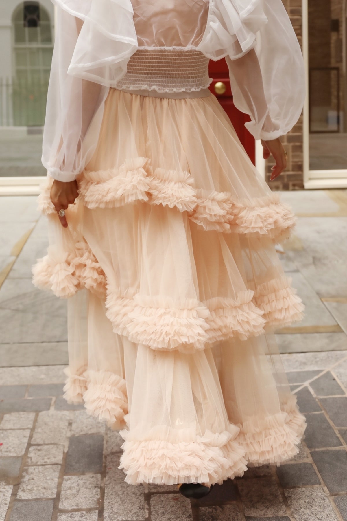 Statement Ruffle Tulle Tiered Maxi Skirt in Beige