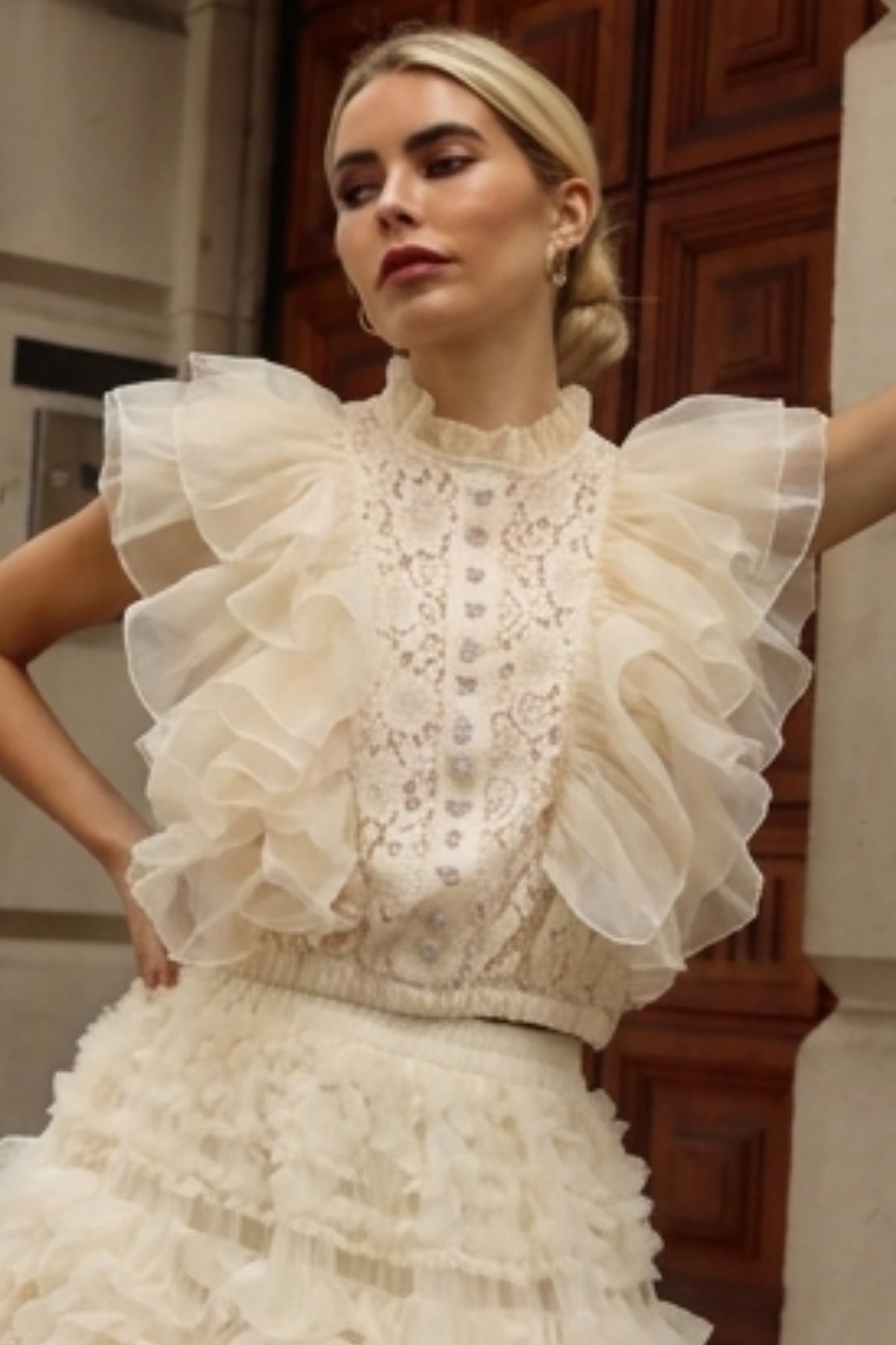 Statement Ruffle Lace Crop Top with Crystal Embellishment