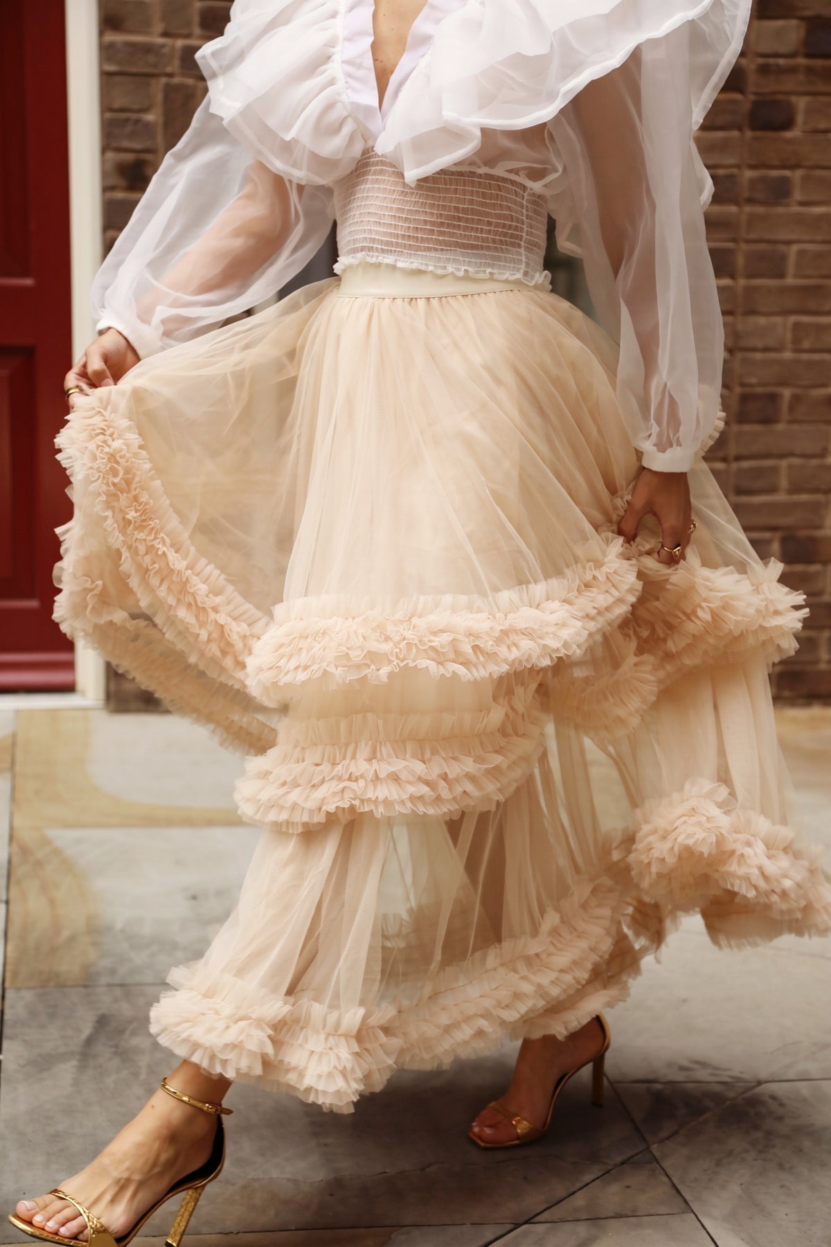 Statement Ruffle Tulle Tiered Maxi Skirt in Beige