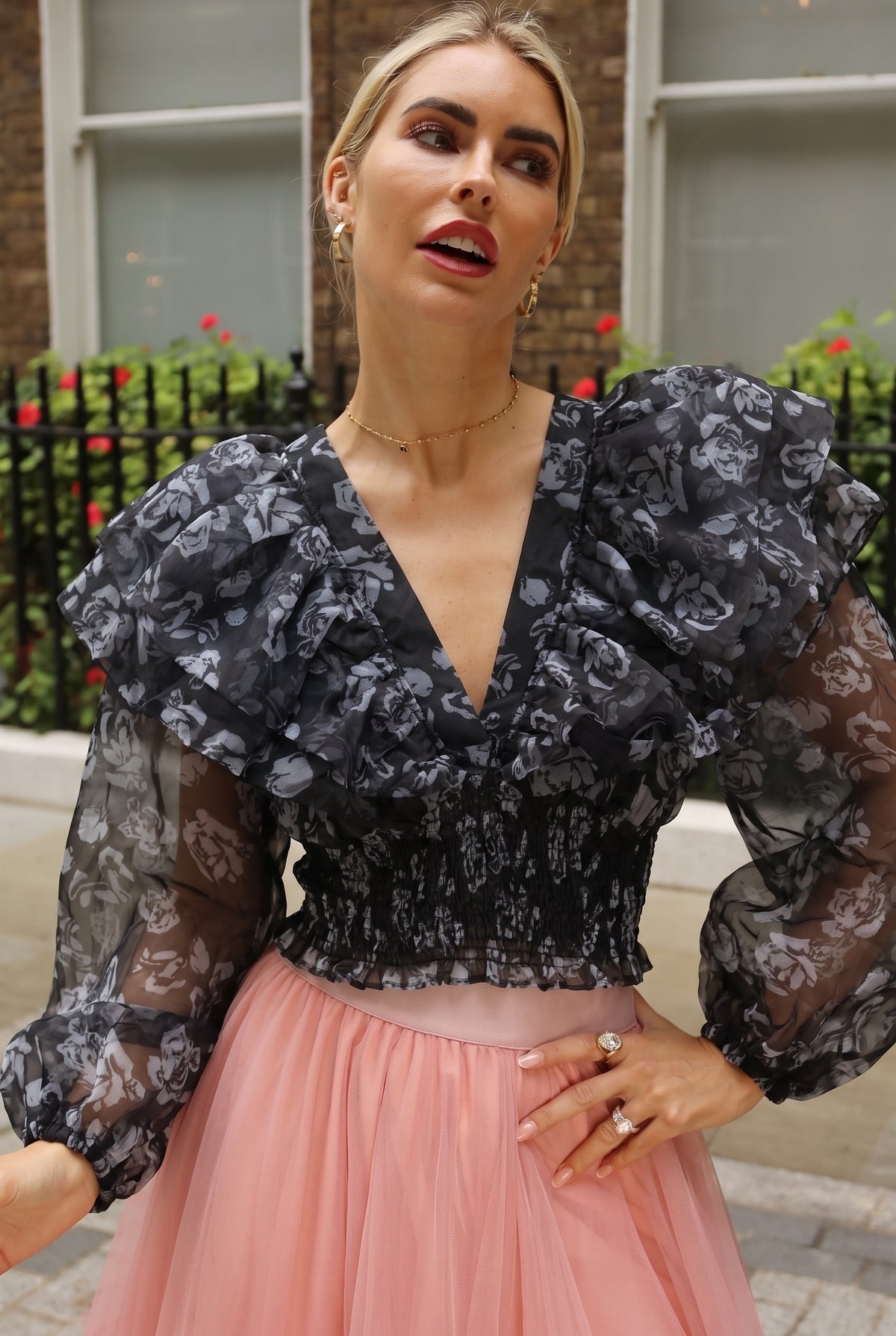 Statement Organza Ruffle Crop Top in Black Rose Print