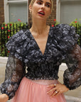 Statement Organza Ruffle Crop Top in Black Rose Print